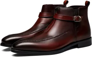 Santimon Men's Chelsea Ankle Dress Leather Buckle Strap Monk Boots Black Brown