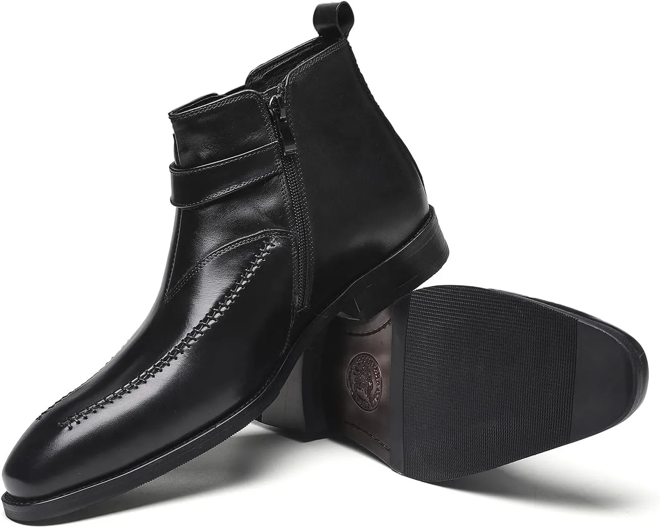 Santimon Men's Chelsea Ankle Dress Leather Buckle Strap Monk Boots Black Brown