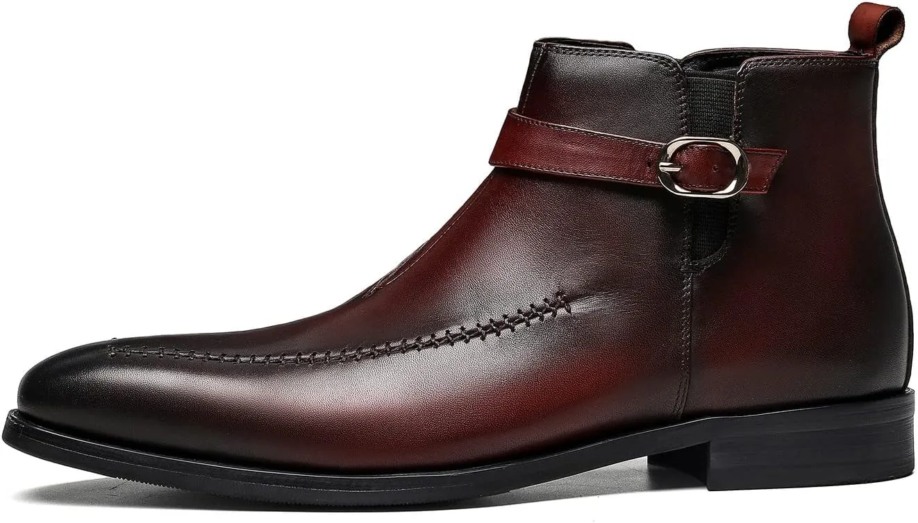 Santimon Men's Chelsea Ankle Dress Leather Buckle Strap Monk Boots Black Brown