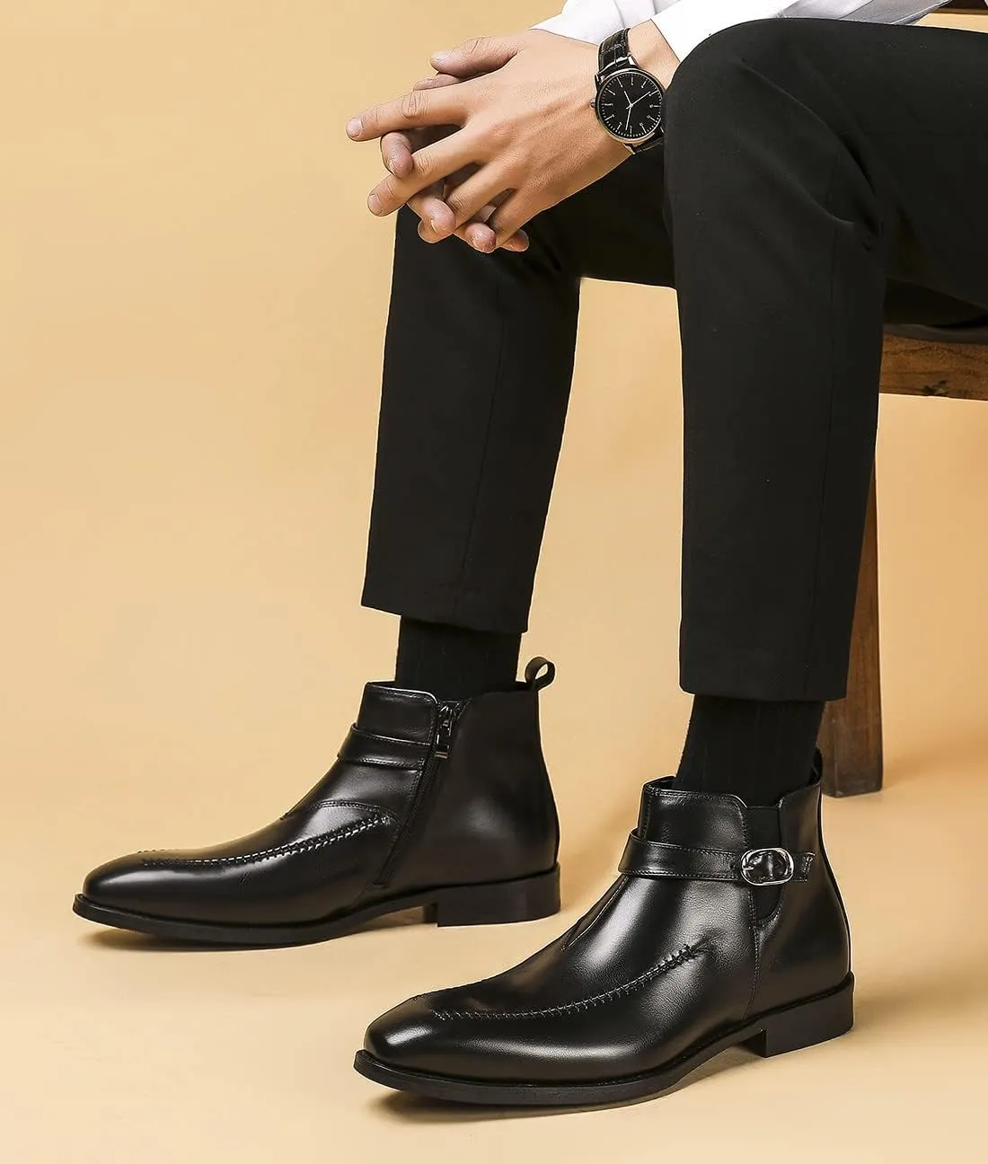 Santimon Men's Chelsea Ankle Dress Leather Buckle Strap Monk Boots Black Brown