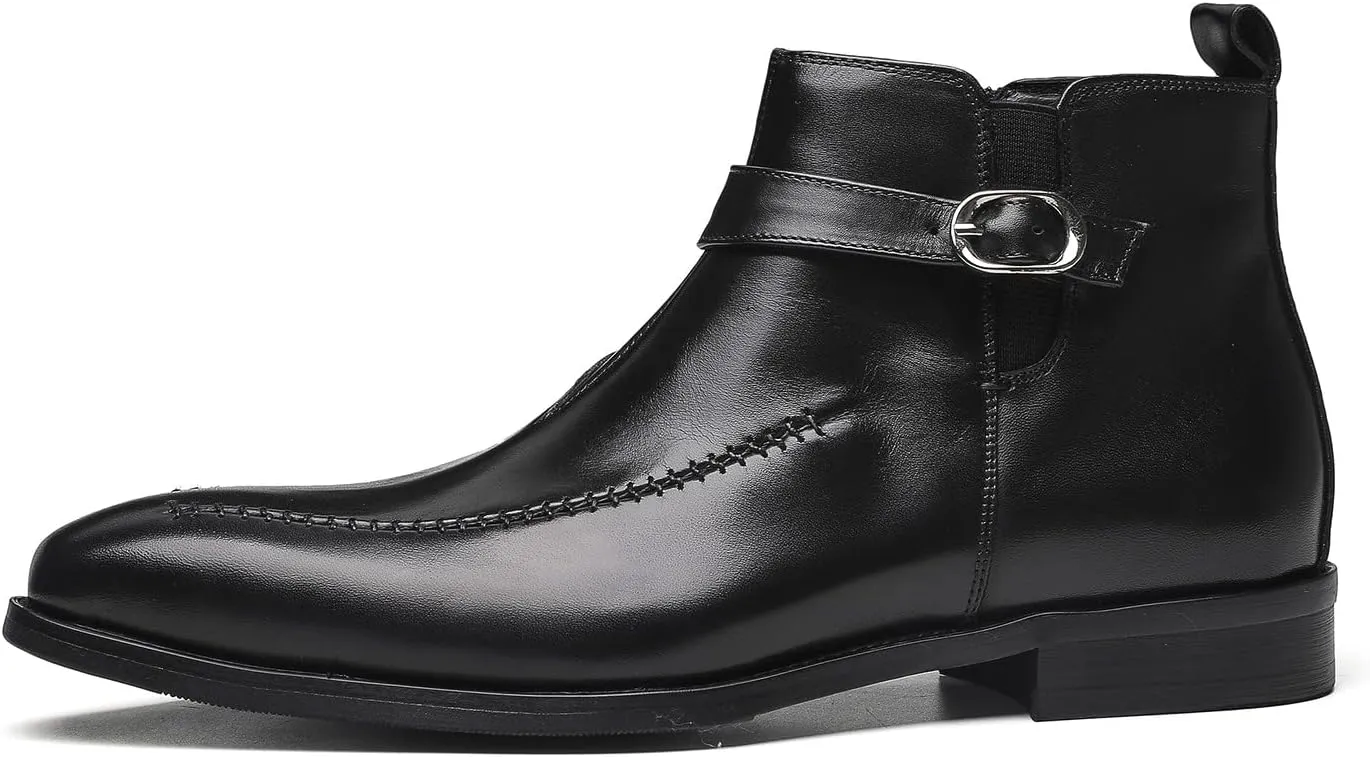 Santimon Men's Chelsea Ankle Dress Leather Buckle Strap Monk Boots Black Brown