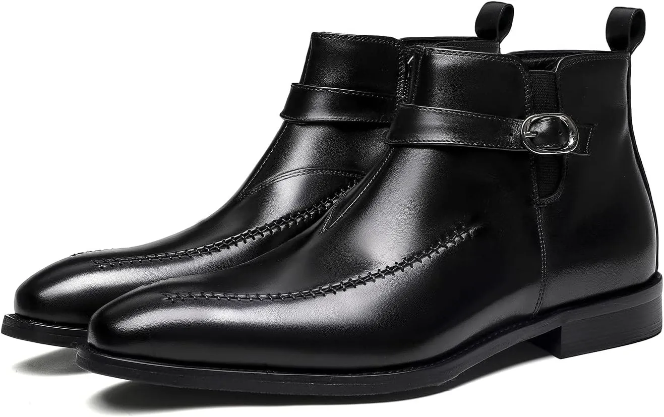 Santimon Men's Chelsea Ankle Dress Leather Buckle Strap Monk Boots Black Brown