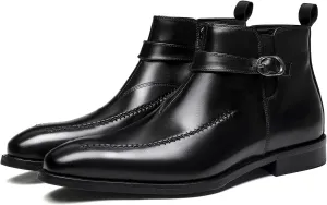 Santimon Men's Chelsea Ankle Dress Leather Buckle Strap Monk Boots Black Brown