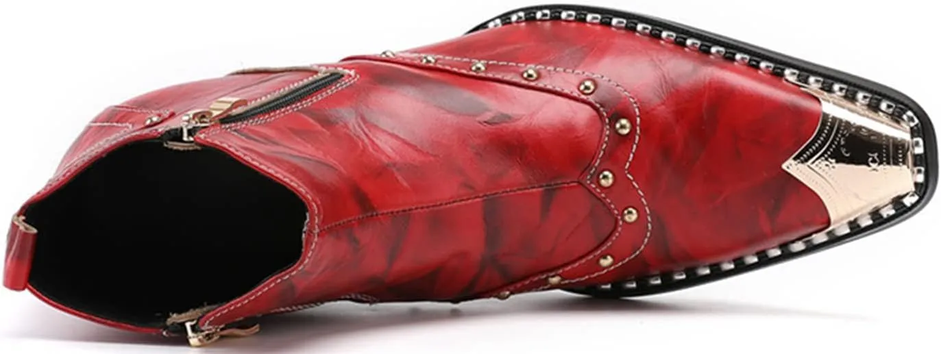 Santimon Mens Chelsea Boots Dress Casual Party Disco Western Boots Metal Pointed Toe Leather Double Zipper Beads Ankle Boots Singer Ballroom Wedding Prom Cowboy Boots