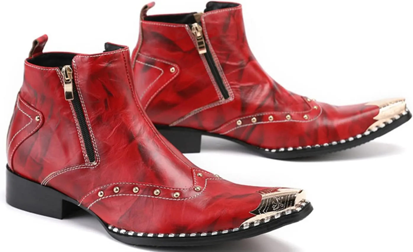 Santimon Mens Chelsea Boots Dress Casual Party Disco Western Boots Metal Pointed Toe Leather Double Zipper Beads Ankle Boots Singer Ballroom Wedding Prom Cowboy Boots