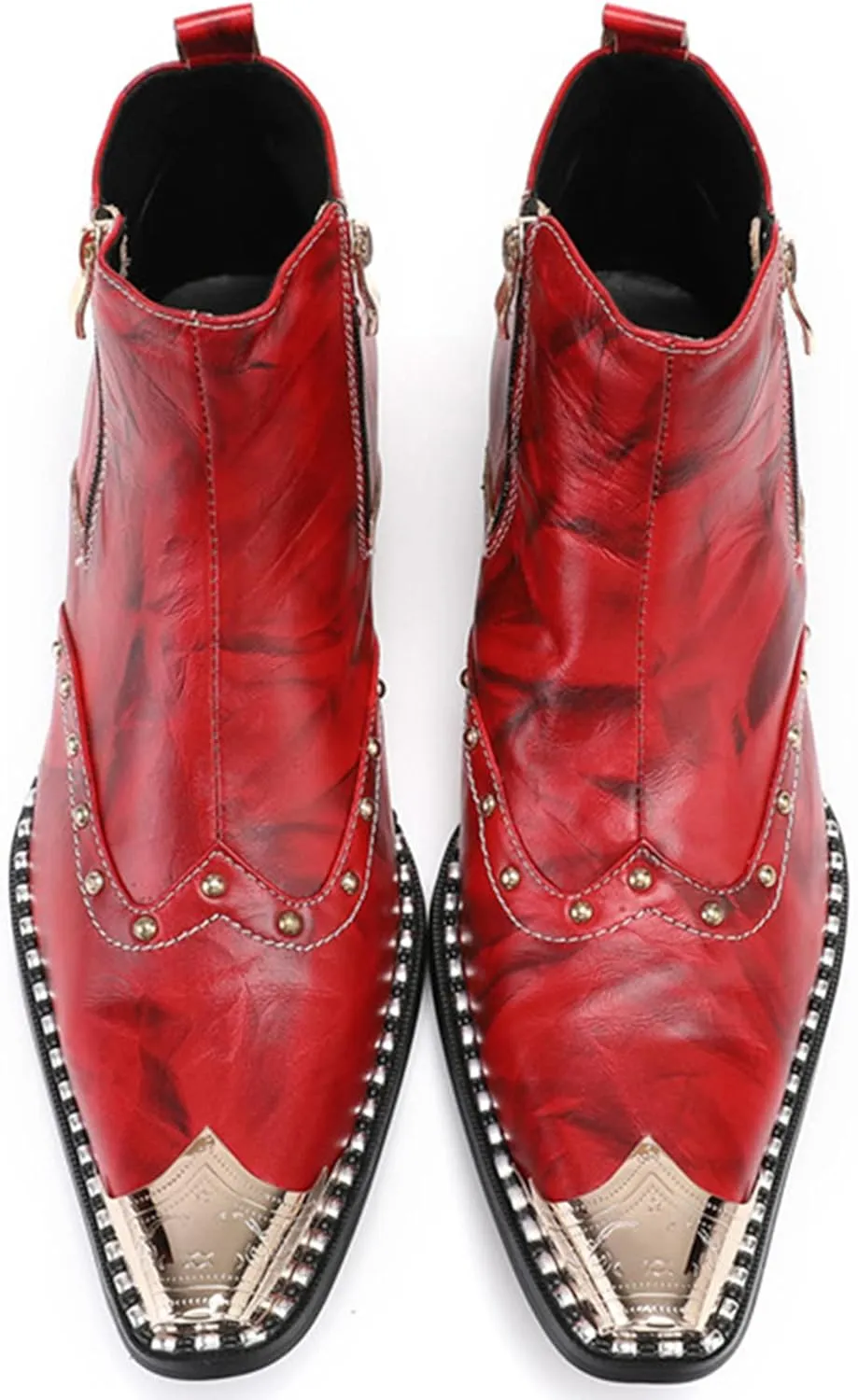 Santimon Mens Chelsea Boots Dress Casual Party Disco Western Boots Metal Pointed Toe Leather Double Zipper Beads Ankle Boots Singer Ballroom Wedding Prom Cowboy Boots