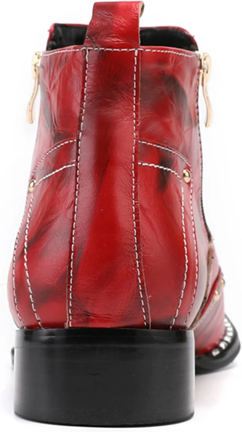 Santimon Mens Chelsea Boots Dress Casual Party Disco Western Boots Metal Pointed Toe Leather Double Zipper Beads Ankle Boots Singer Ballroom Wedding Prom Cowboy Boots