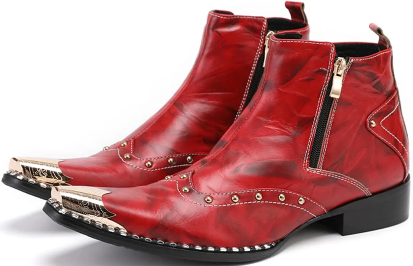 Santimon Mens Chelsea Boots Dress Casual Party Disco Western Boots Metal Pointed Toe Leather Double Zipper Beads Ankle Boots Singer Ballroom Wedding Prom Cowboy Boots