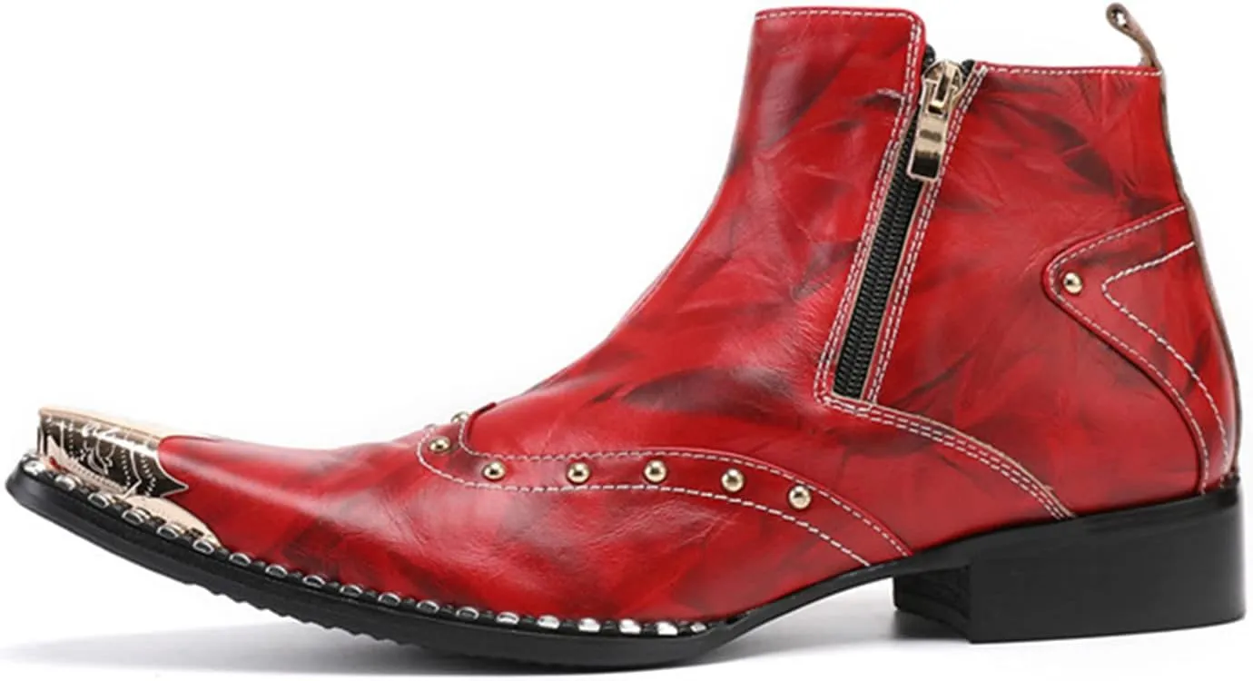 Santimon Mens Chelsea Boots Dress Casual Party Disco Western Boots Metal Pointed Toe Leather Double Zipper Beads Ankle Boots Singer Ballroom Wedding Prom Cowboy Boots