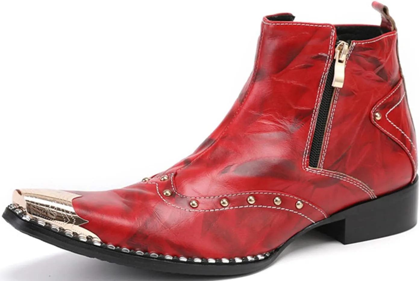 Santimon Mens Chelsea Boots Dress Casual Party Disco Western Boots Metal Pointed Toe Leather Double Zipper Beads Ankle Boots Singer Ballroom Wedding Prom Cowboy Boots