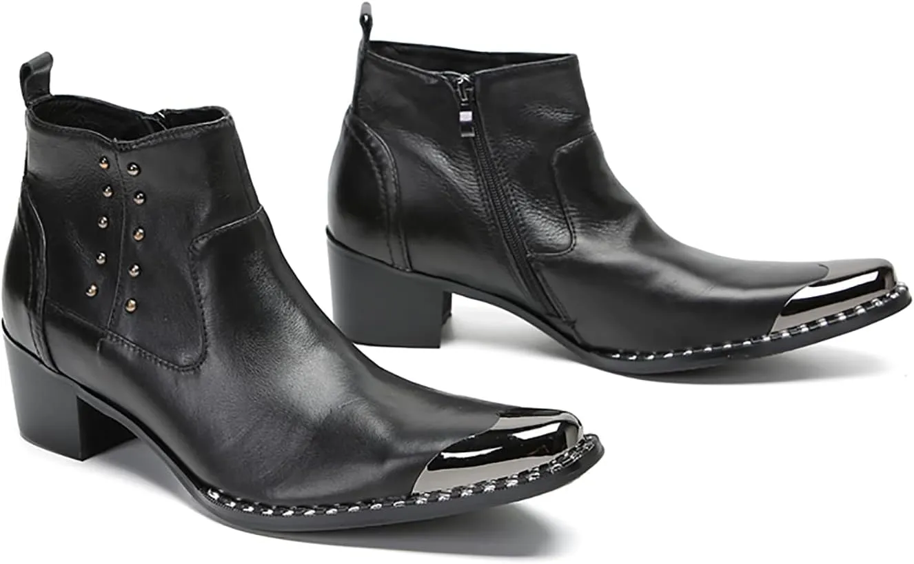 Santimon Mens Chelsea Boots Party Dress Casual Genuine Leather Beaded Zipper Metal Square Toe Ankle Boots Fashion Prom Wedding Tuxedo Western Ballroom Disco Cowboy Chukka Boots for Mens