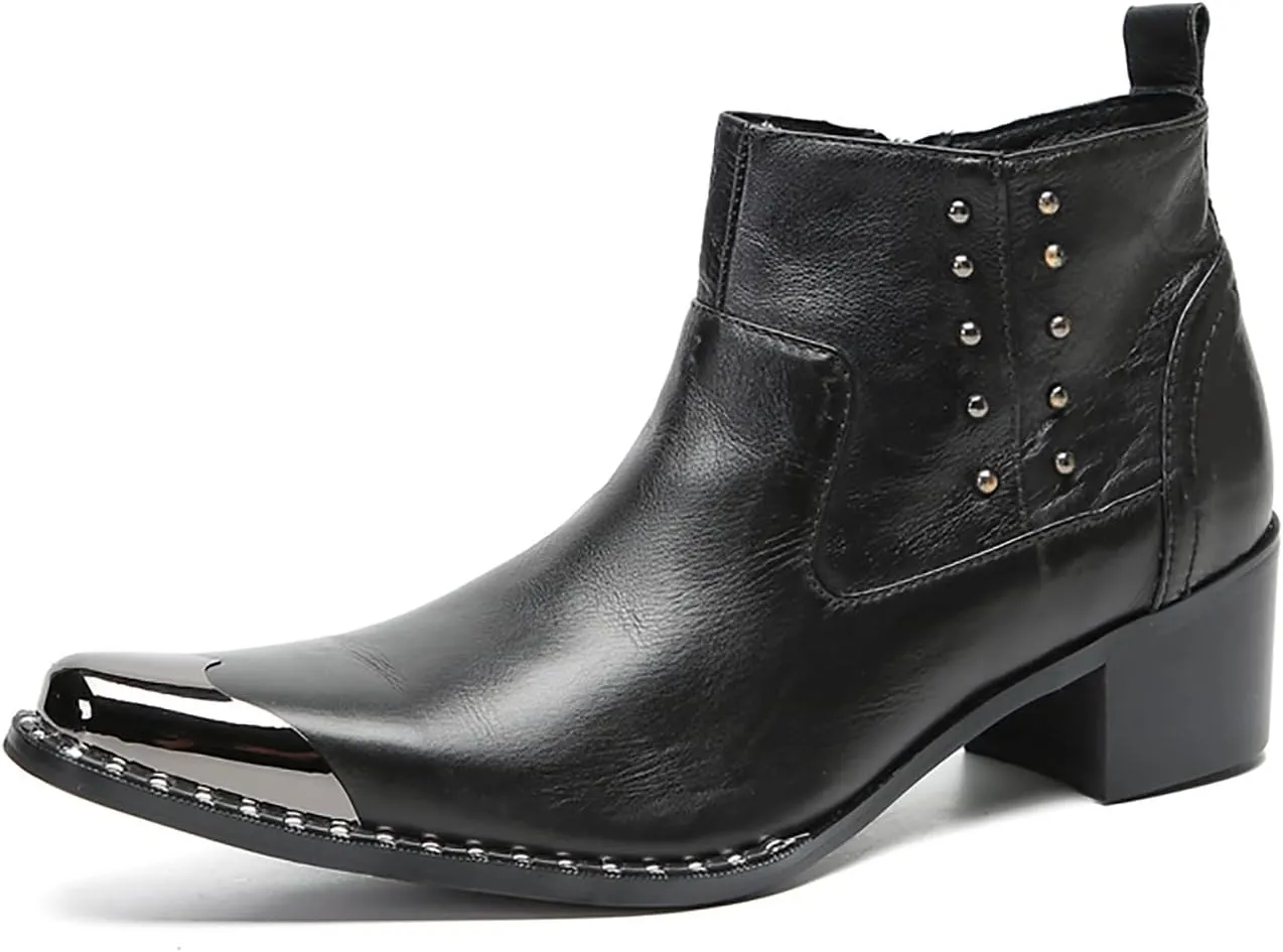 Santimon Mens Chelsea Boots Party Dress Casual Genuine Leather Beaded Zipper Metal Square Toe Ankle Boots Fashion Prom Wedding Tuxedo Western Ballroom Disco Cowboy Chukka Boots for Mens