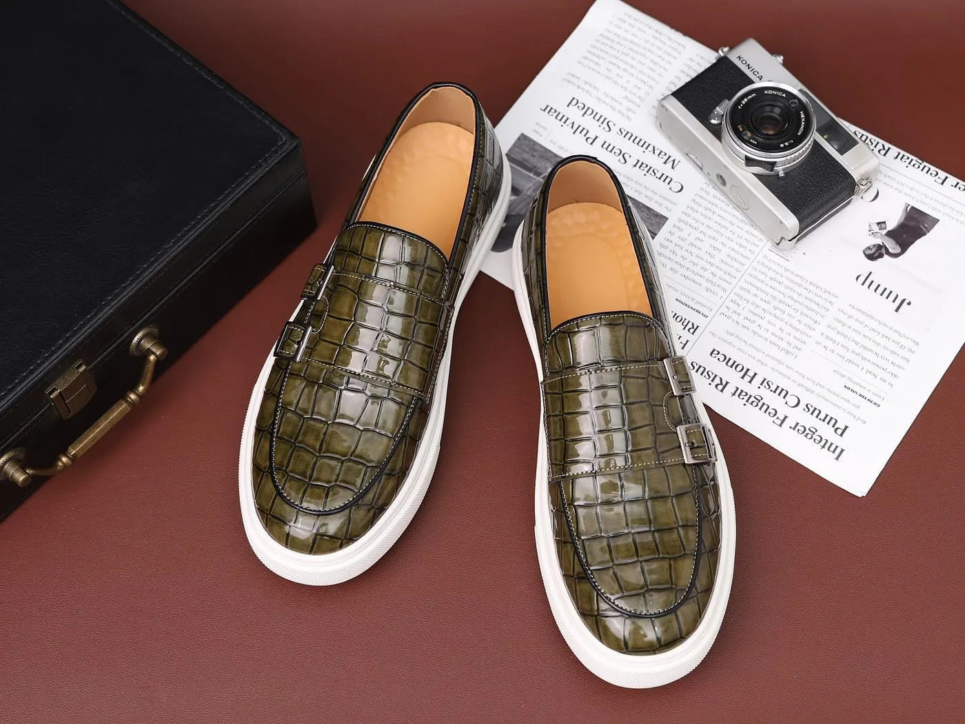 Santimon Men's Double Monk Strap Loafers Croc Patent Leather Formal Casual Chunky Dress Shoes
