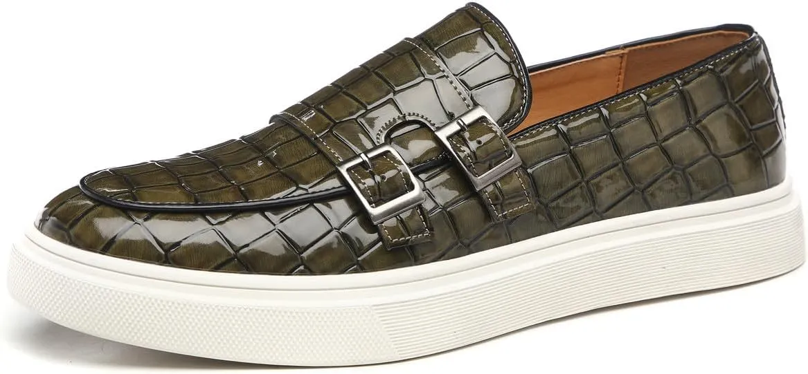Santimon Men's Double Monk Strap Loafers Croc Patent Leather Formal Casual Chunky Dress Shoes