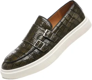 Santimon Men's Double Monk Strap Loafers Croc Patent Leather Formal Casual Chunky Dress Shoes