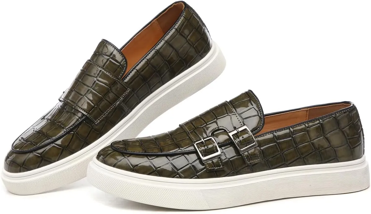 Santimon Men's Double Monk Strap Loafers Croc Patent Leather Formal Casual Chunky Dress Shoes