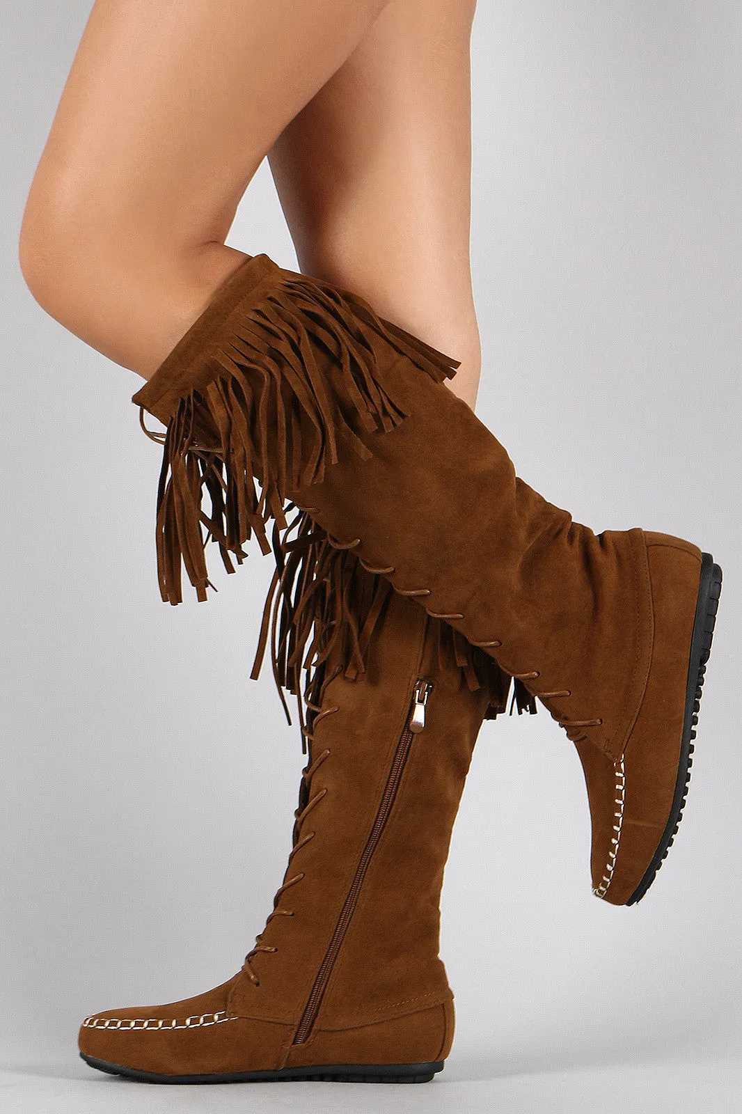 Season clearance Fringe Up Suede On-time delivery Moccasin Boot Lace High Knee Flat