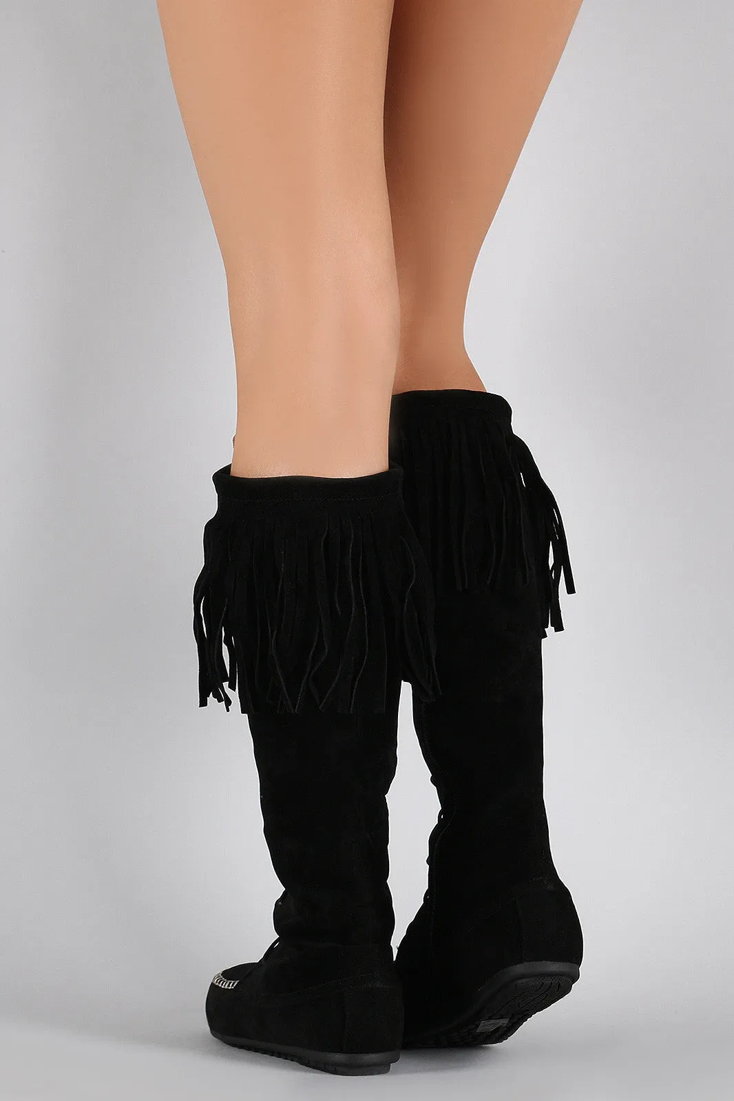 Season clearance Fringe Up Suede On-time delivery Moccasin Boot Lace High Knee Flat