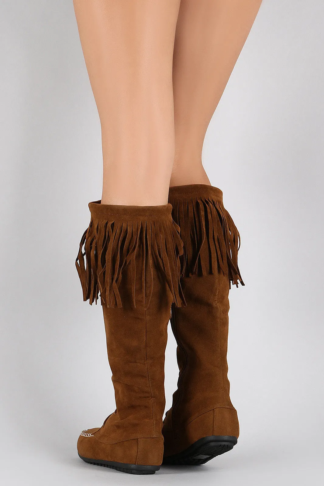 Season clearance Fringe Up Suede On-time delivery Moccasin Boot Lace High Knee Flat