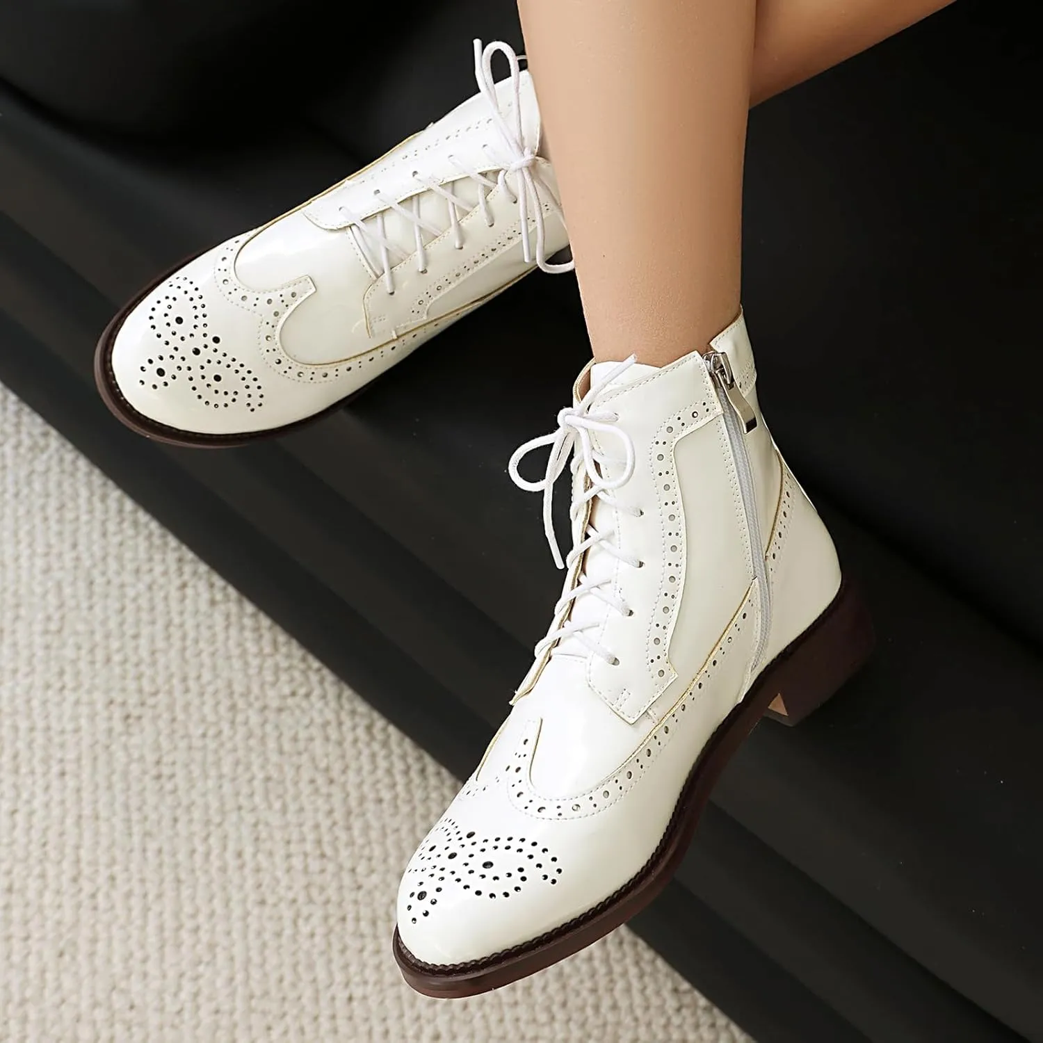 SEIFIN Women's Wingtip Oxford Boot Combat Boots Side Zip Ankle Motorcycle Boots Dressy Lace Up Wingtip Brogue Short Booties