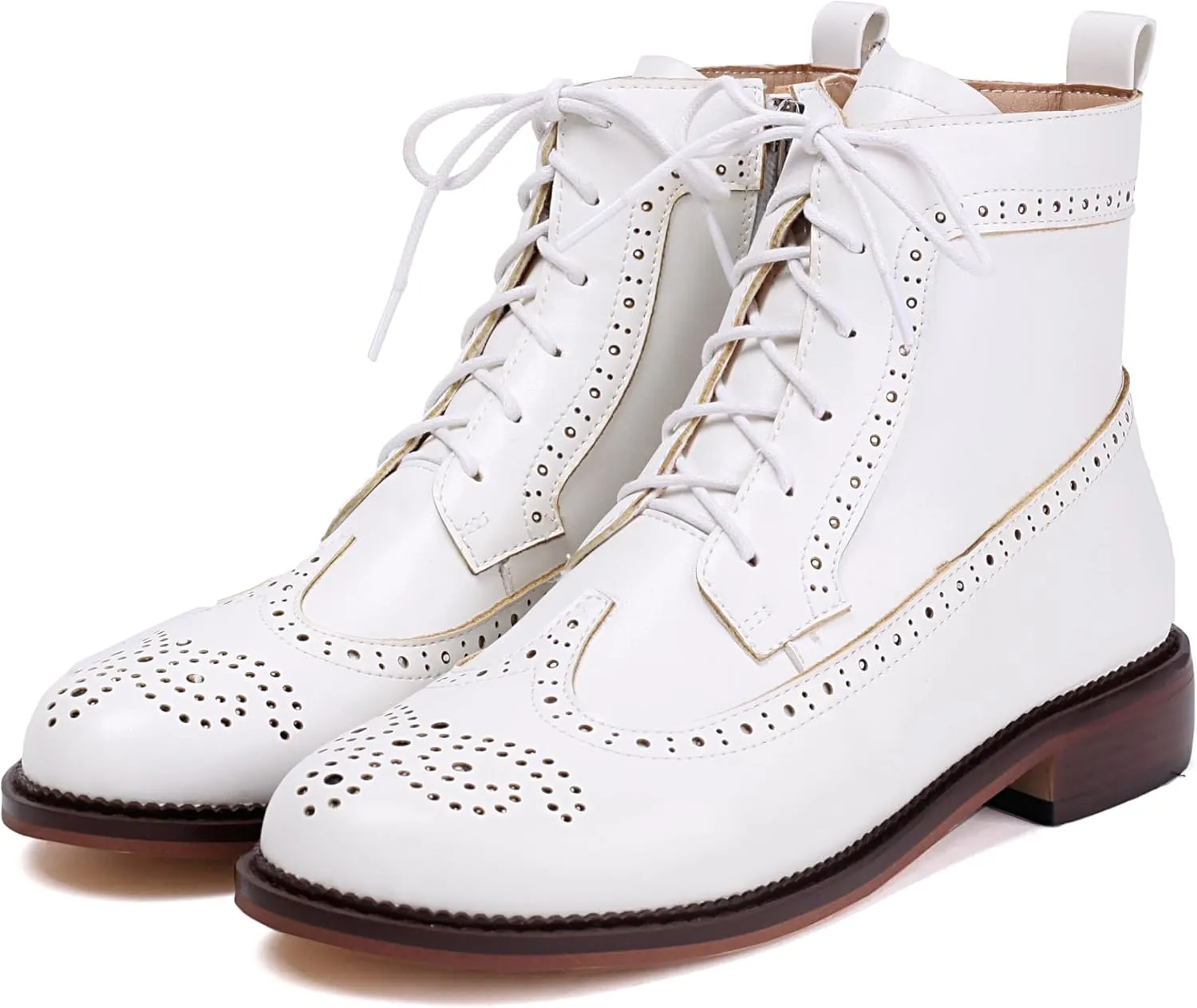 SEIFIN Women's Wingtip Oxford Boot Combat Boots Side Zip Ankle Motorcycle Boots Dressy Lace Up Wingtip Brogue Short Booties