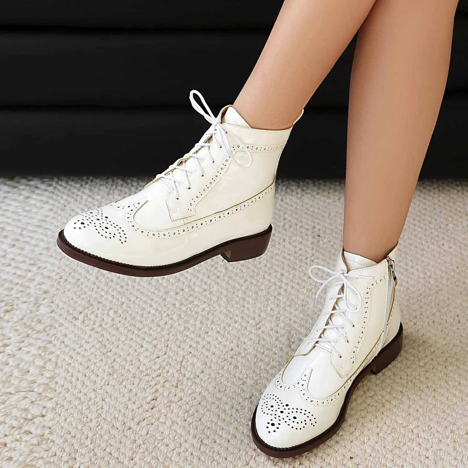 SEIFIN Women's Wingtip Oxford Boot Combat Boots Side Zip Ankle Motorcycle Boots Dressy Lace Up Wingtip Brogue Short Booties