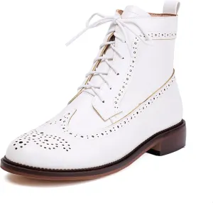 SEIFIN Women's Wingtip Oxford Boot Combat Boots Side Zip Ankle Motorcycle Boots Dressy Lace Up Wingtip Brogue Short Booties