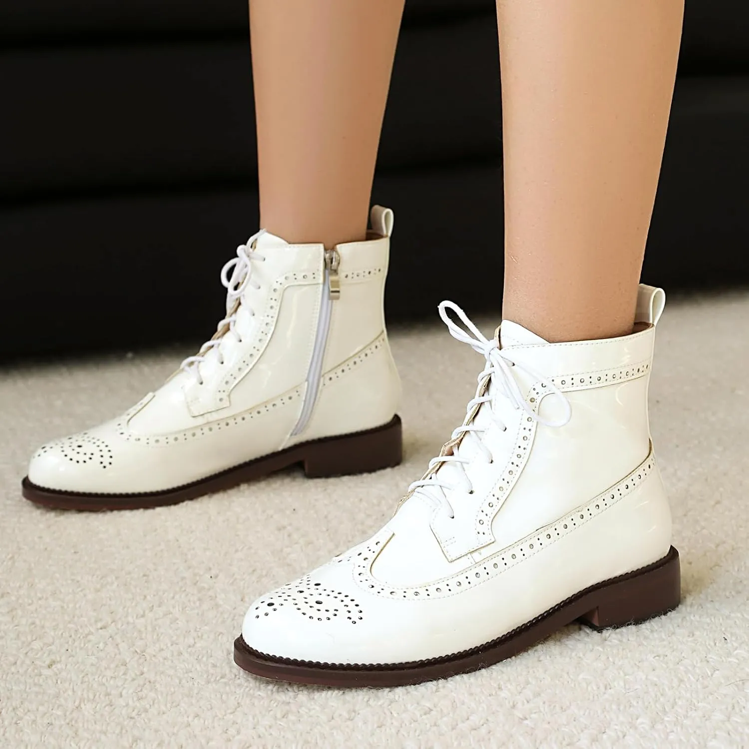 SEIFIN Women's Wingtip Oxford Boot Combat Boots Side Zip Ankle Motorcycle Boots Dressy Lace Up Wingtip Brogue Short Booties