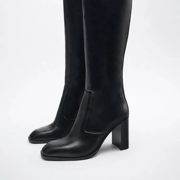 sexytag Knee High Boots for Women Gogo Boots Square Toe Chunky Heel Side Zipper Fashion Dress Boots