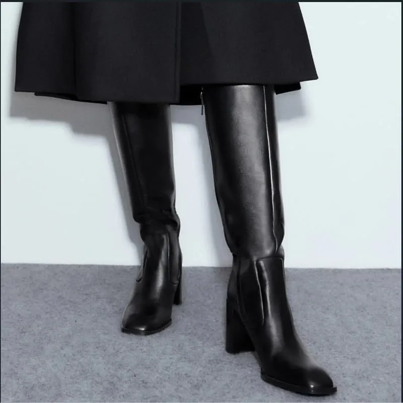 sexytag Knee High Boots for Women Gogo Boots Square Toe Chunky Heel Side Zipper Fashion Dress Boots