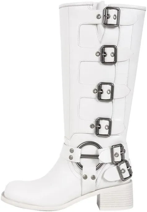 sexytag Knee High Riding Boots Multi Buckle Strap Pull On Gothic Motorcycle Boots