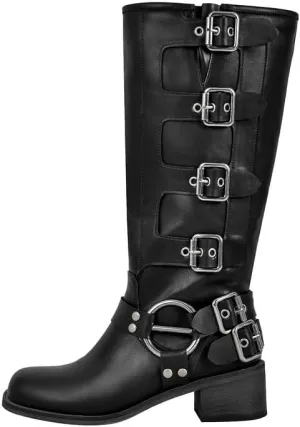 sexytag Knee High Riding Boots Multi Buckle Strap Pull On Gothic Motorcycle Boots