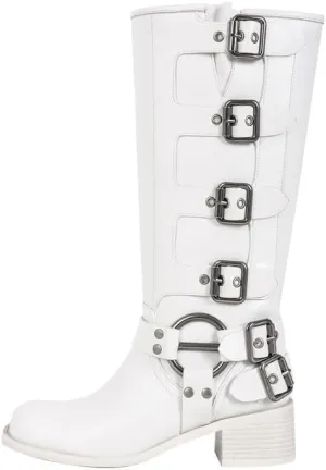 sexytag Knee High Riding Boots Multi Buckle Strap Pull On Gothic Motorcycle Boots