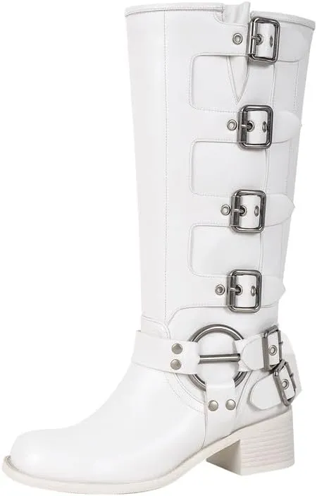 sexytag Knee High Riding Boots Multi Buckle Strap Pull On Gothic Motorcycle Boots