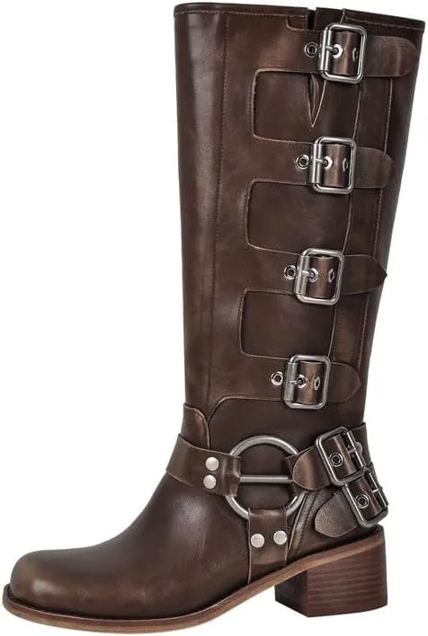 sexytag Knee High Riding Boots Multi Buckle Strap Pull On Gothic Motorcycle Boots