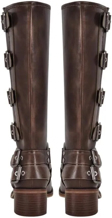 sexytag Knee High Riding Boots Multi Buckle Strap Pull On Gothic Motorcycle Boots