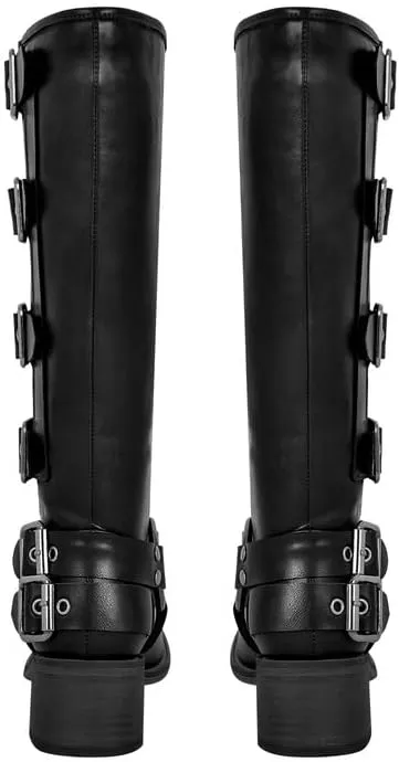 sexytag Knee High Riding Boots Multi Buckle Strap Pull On Gothic Motorcycle Boots