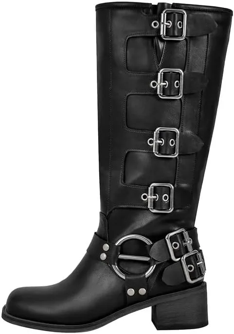 sexytag Knee High Riding Boots Multi Buckle Strap Pull On Gothic Motorcycle Boots