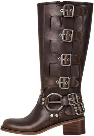 sexytag Knee High Riding Boots Multi Buckle Strap Pull On Gothic Motorcycle Boots