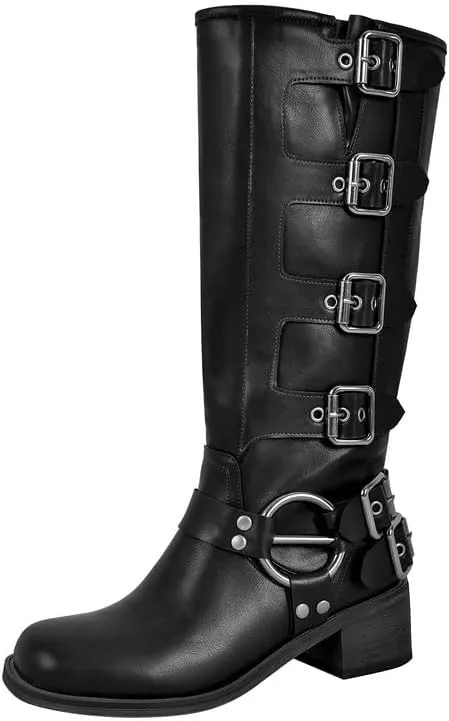 sexytag Knee High Riding Boots Multi Buckle Strap Pull On Gothic Motorcycle Boots