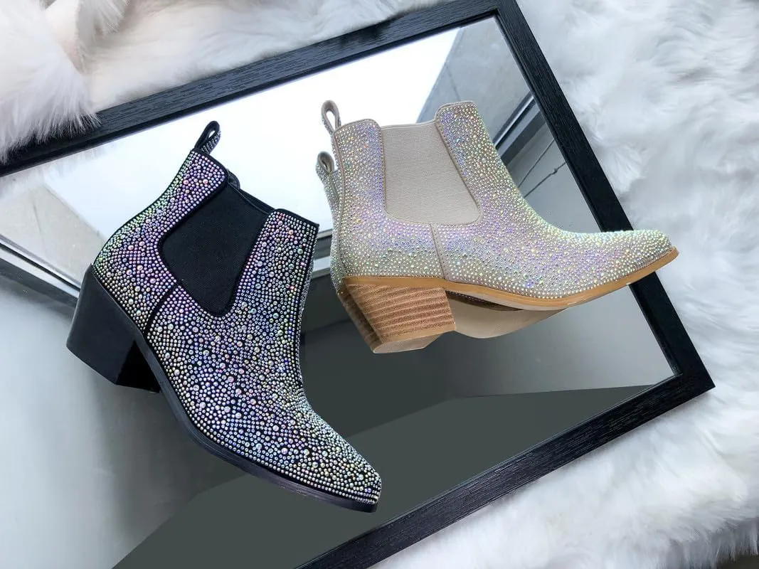 sexytag Women's Rhinestone Western Sparkly Cowboy Chelsea Boots Chunky Low Heel Pointed Toe Pull-On Short Ankle Booties