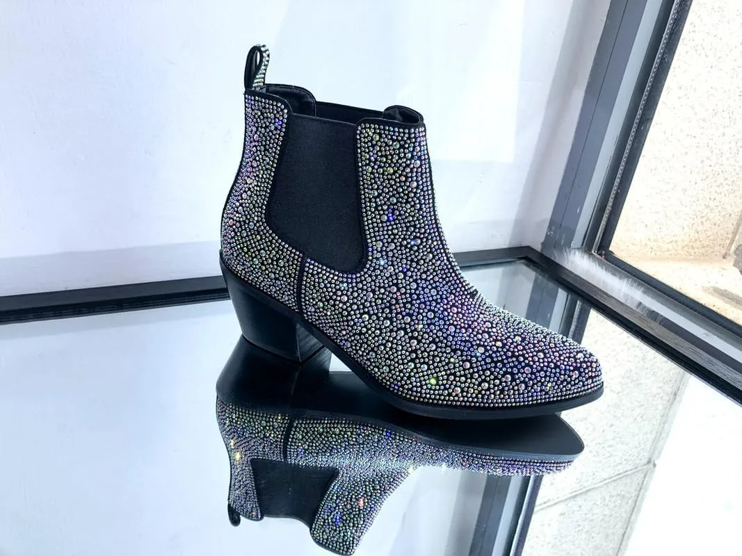 sexytag Women's Rhinestone Western Sparkly Cowboy Chelsea Boots Chunky Low Heel Pointed Toe Pull-On Short Ankle Booties