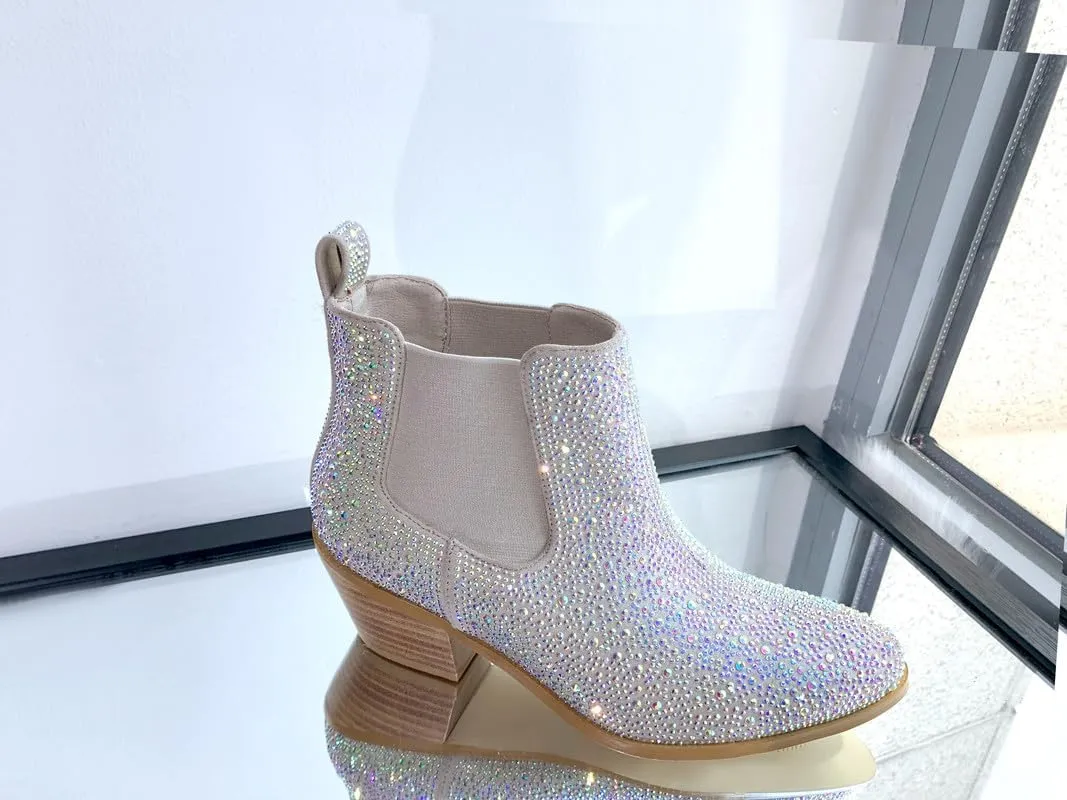 sexytag Women's Rhinestone Western Sparkly Cowboy Chelsea Boots Chunky Low Heel Pointed Toe Pull-On Short Ankle Booties