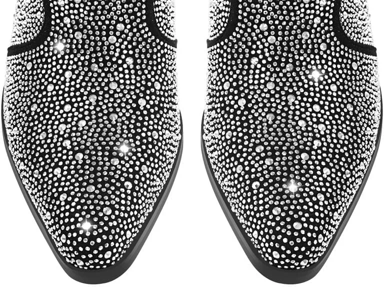 sexytag Women's Rhinestone Western Sparkly Cowboy Chelsea Boots Chunky Low Heel Pointed Toe Pull-On Short Ankle Booties