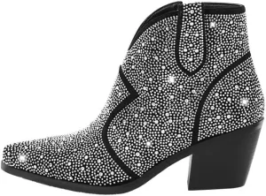 sexytag Women's Rhinestone Western Sparkly Cowboy Chelsea Boots Chunky Low Heel Pointed Toe Pull-On Short Ankle Booties