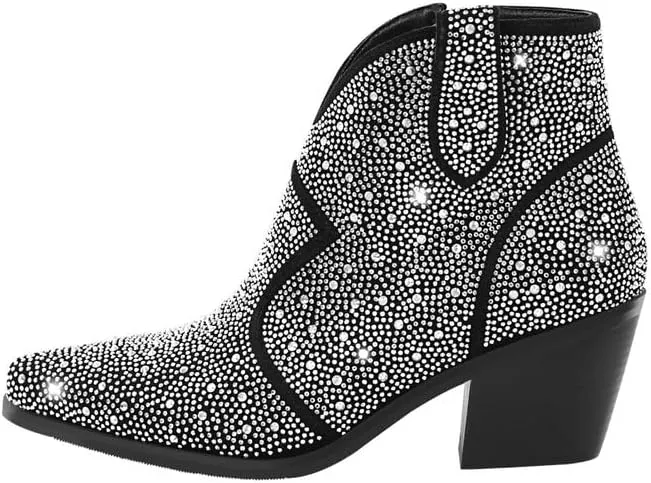 sexytag Women's Rhinestone Western Sparkly Cowboy Chelsea Boots Chunky Low Heel Pointed Toe Pull-On Short Ankle Booties