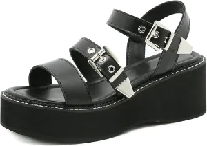 SHEMEE Chunky Platform Gladiator Roman Sandals Women Black Punk Goth Shoes Multi Strap Lightweight Fisherman Wedge Sandal