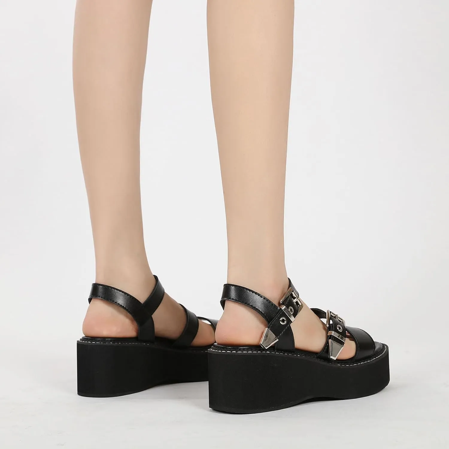 SHEMEE Chunky Platform Gladiator Roman Sandals Women Black Punk Goth Shoes Multi Strap Lightweight Fisherman Wedge Sandal