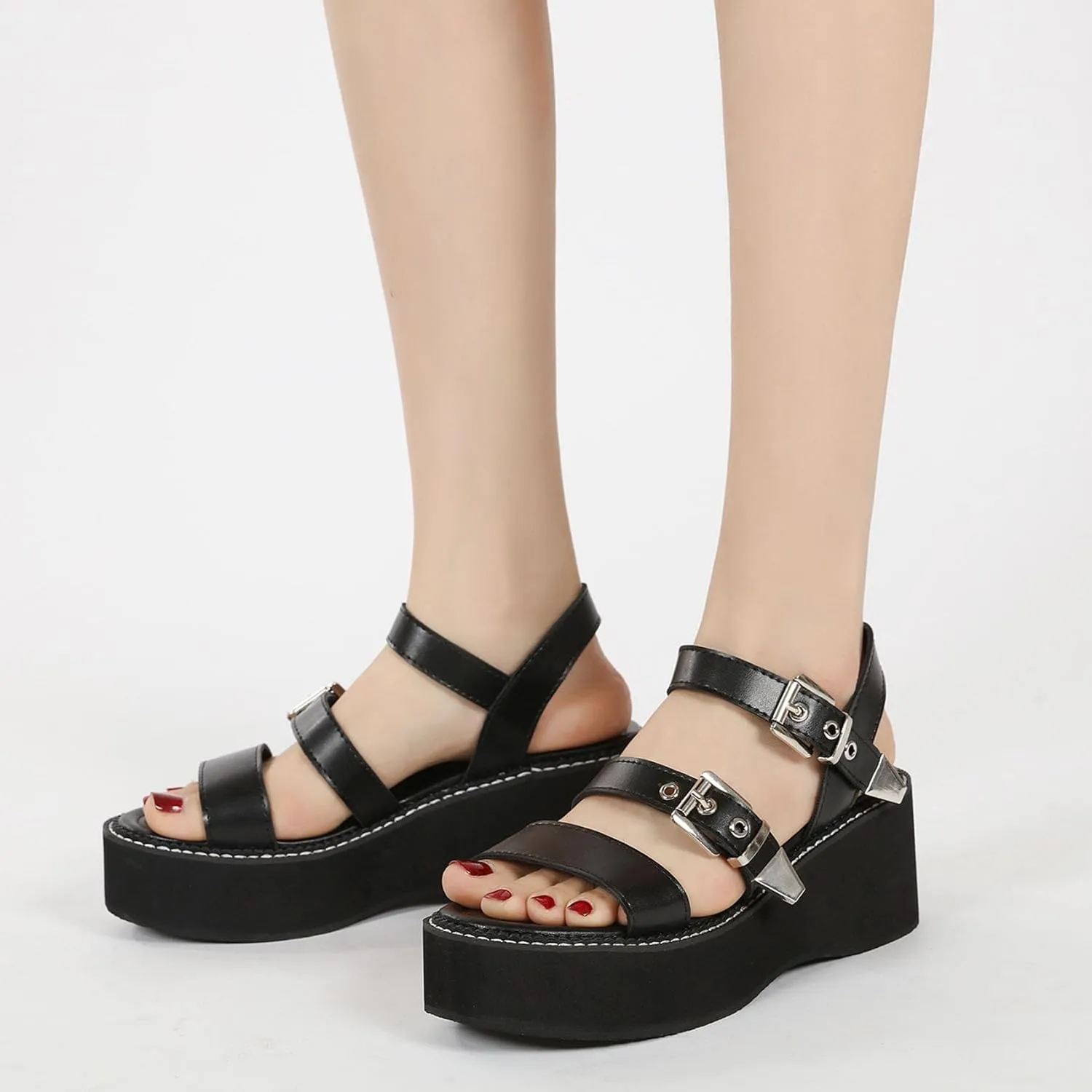 SHEMEE Chunky Platform Gladiator Roman Sandals Women Black Punk Goth Shoes Multi Strap Lightweight Fisherman Wedge Sandal
