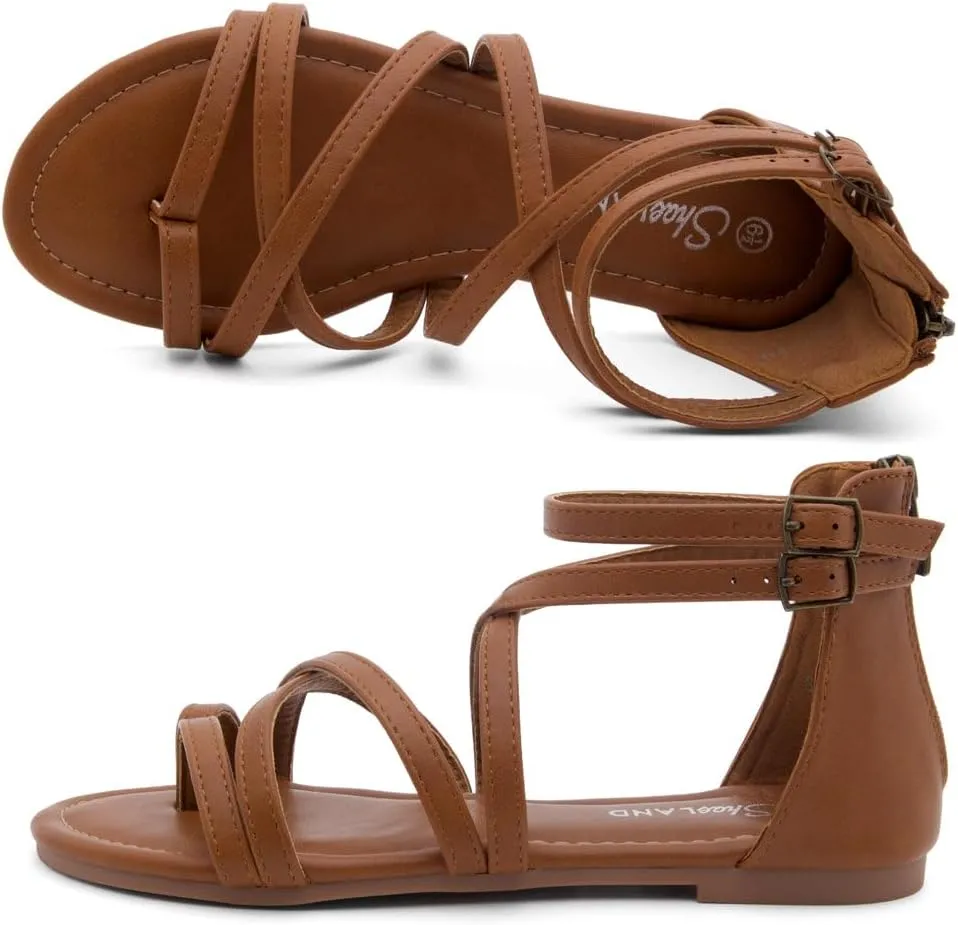 Shoe Land Flat Gladiator Sandals for Women 2025 – Fisherman Thong with Adjustable Ankle Strap & Back Zipper | Comfortable for Beach, Walking & Daily Wear